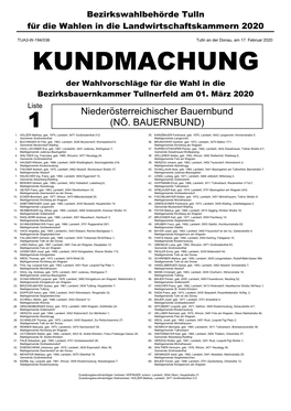 KUNDMACHUNG Der Wahlvorschläge Für Die Wahl in Die Bezirksbauernkammer Tullnerfeld Am 01