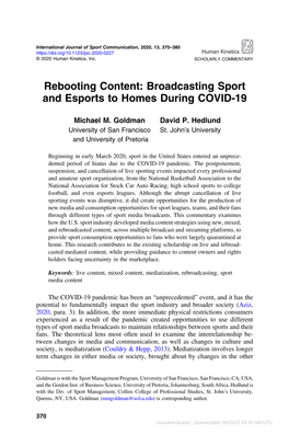 Broadcasting Sport and Esports to Homes During COVID-19