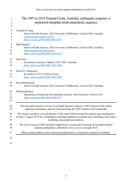 The 1987 to 2019 Tennant Creek, Australia, Earthquake Sequence: a 2 Protracted Intraplate Multi-Mainshock Sequence 3 4 Tamarah R