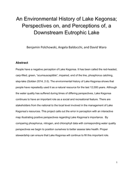 An Environmental History of Lake Kegonsa; Perspectives On, and Perceptions Of, a Downstream Eutrophic Lake