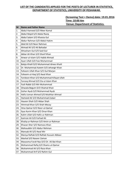 List of the Candidates Applied for the Posts of Lecturer in Statistics, Department of Statistics, University of Peshawar