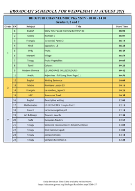 Broadcast Schedule for Wednesday 11 August 2021