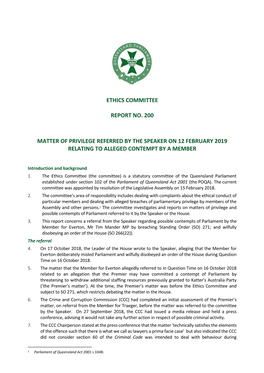 Ethics Committee Report No. 200 Matter of Privilege Referred by the Speaker