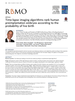 Time-Lapse Imaging Algorithms Rank Human Preimplantation Embryos According to the Probability of Live Birth