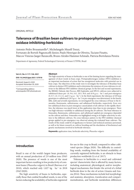 Tolerance of Brazilian Bean Cultivars to Protoporphyrinogen Oxidase Inhibiting-Herbicides