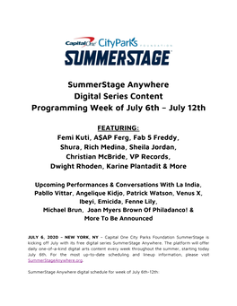 Summerstage Anywhere Digital Series Content Programming Week of July 6Th – July 12Th