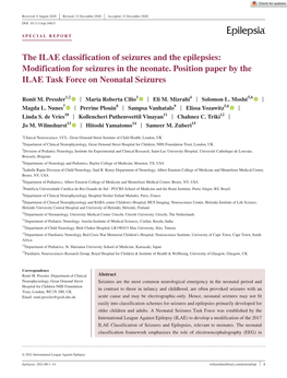 The ILAE Classification of Seizures and the Epilepsies: Modification for Seizures in the Neonate