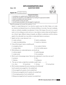 MTS EXAMINATION 2012 Class : VIII QUESTION PAPER 8