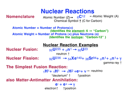 Nuclear Reactions Nomenclature Atomic Number (Z)→ 6C12 ←Atomic Weight (A) Chemical Symbol ↑ (C for Carbon)