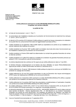 PREFET DE L'ain Préfecture De L'ain Direction De La Réglementation Et Des Libertés Publiques Et Des Installations Classées Références : CLG