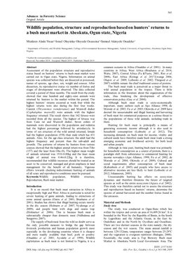 Wildlife Population, Structure and Reproduction Based on Hunters' Returns to a Bush Meat Market in Abeokuta, Ogun State, Niger