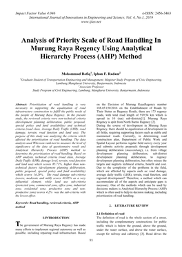 Analysis of Priority Scale of Road Handling in Murung Raya Regency Using Analytical Hierarchy Process (AHP) Method