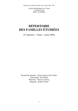 Répertoire Des Familles Étudiées Dans L’Yonne 2009 - SGY Société Généalogique De L’Yonne 27/4 Place Corot 89000 AUXERRE