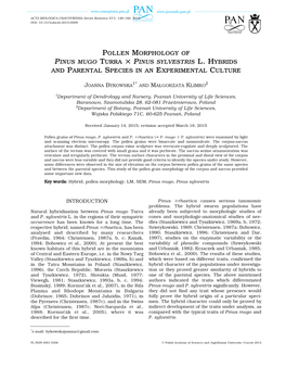 Pollen Morphology of Pinus Mugo Turra × Pinus Sylvestris L. Hybrids and Parental Species in an Experimental Culture