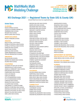 M3 Challenge 2021 — Registered Teams by State (US) & County (UK) Schools Listed Twice Have Two Registered Teams