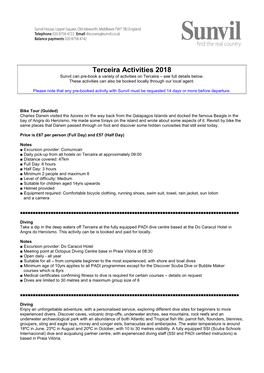 Terceira Activities 2018 Sunvil Can Pre�Book a Variety of Activities on Terceira – See Full Details Below