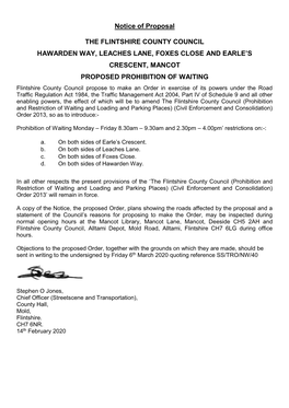 Notice of Proposal the FLINTSHIRE COUNTY COUNCIL HAWARDEN