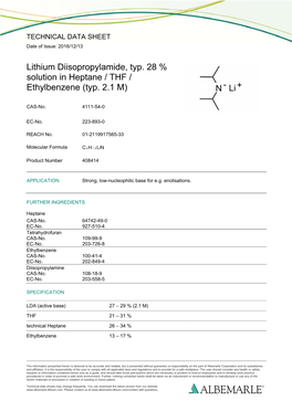 Lithium Diisopropylamide, Typ. 28 % Solution in Heptane / THF / Ethylbenzene (Typ