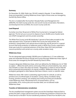 Summary on December 20, 2006, Public Law 109-432 Created in Nevada, 12 New Wilderness Areas and Expanded 2 Existing Wilderness Areas