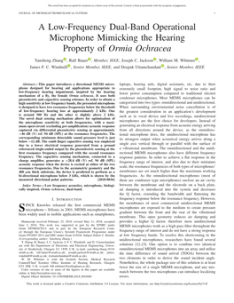 A Low-Frequency Dual-Band Operational Microphone Mimicking the Hearing Property of Ormia Ochracea