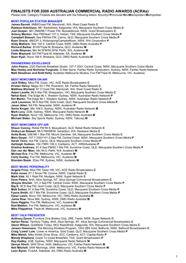 Finalists for 2009 Australian Commercial Radio Awards