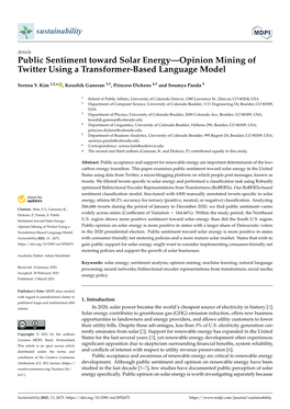 Public Sentiment Toward Solar Energy—Opinion Mining of Twitter Using a Transformer-Based Language Model