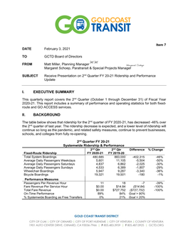 Receive Presentation on 2Nd Quarter FY 20-21 Ridership and Performance Update