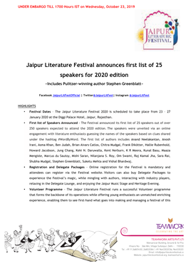 Jaipur Literature Festival Announces First List of 25 Speakers for 2020 Edition