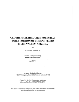 Geothermal Resource Potential for a Portion of the San Pedro River Valley, Arizona