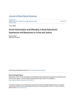 Amish Victimization and Offending: a Rural Subculture's Experiences and Responses to Crime and Justice