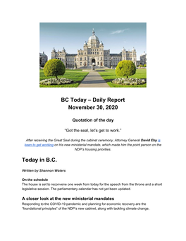 Daily Report November 30, 2020 Today in BC