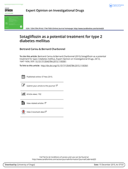 Sotagliflozin As a Potential Treatment for Type 2 Diabetes Mellitus