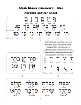 Aleph Champ Homework - Blue Parents Answer Sheet