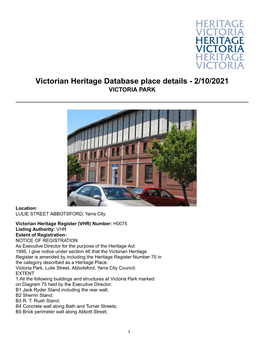 Victorian Heritage Database Place Details - 2/10/2021 VICTORIA PARK