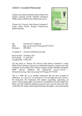 Tropical Ulcer Plant Treatments Used by Papua New Guinea's Apsokok Nomads Fibroblast Stimulation, MMP Protease Inhibition A