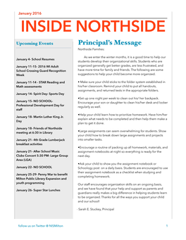 INSIDE NORTHSIDE Upcoming Events Principal’S Message Northside Families