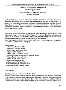 Notes on Ecuadorian Hawkmoths (Lepidoptera, Sphingidae) by L U Ig I R a C H E Li & T O M M a S O R a C H E Li Received 27.VI.1994