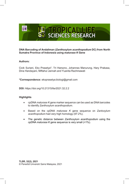 DNA Barcoding of Andaliman (Zanthoxylum Acanthopodium DC) from North Sumatra Province of Indonesia Using Maturase K Gene