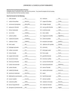 CHEMISTRY 1A NOMENCLATURE WORKSHEET Chemical Formula