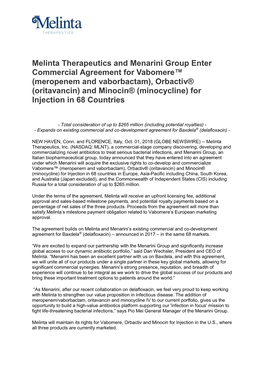 Melinta Therapeutics and Menarini Group Enter Commercial Agreement for Vabomere™ (Meropenem and Vaborbactam), Orbactiv® (Orit