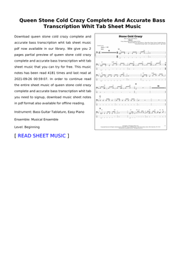 Queen Stone Cold Crazy Complete and Accurate Bass Transcription Whit Tab Sheet Music