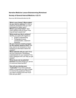 Narrative Medicine Lesson Brainstorming Worksheet Society of General Internal Medicine