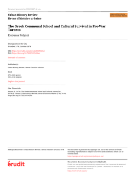 The Greek Communal School and Cultural Survival in Pre-War Toronto Eleoussa Polyzoi