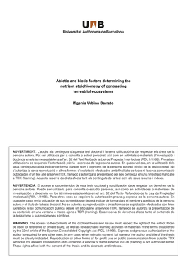 Abiotic and Biotic Factors Determining the Nutrient Stoichiometry of Contrasting Terrestrial Ecosystems Ifigenia Urbina Barreto