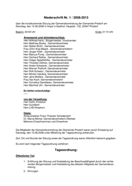 Niederschrift Nr. 1 / 2008-2013 Tagesordnung