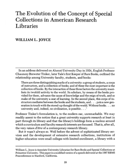 The Evolution of the Concept of Special Collections in American Research Libraries