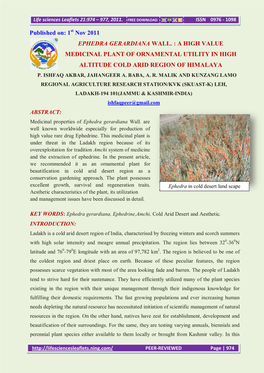 1 Nov 2011 EPHEDRA GERARDIANA WALL. : a HIGH VALUE MEDICINAL PLANT of ORNAMENTAL UTILITY in HIGH ALTITUDE COLD ARID REGION of HIMALAYA P