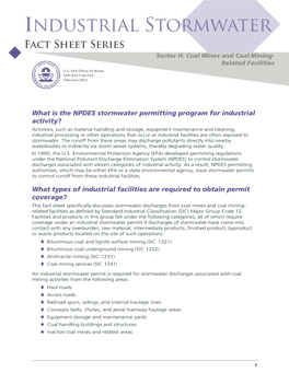 Industrial Stormwater Fact Sheet Series Sector H: Coal Mines and Coal Mining- Related Facilities U.S