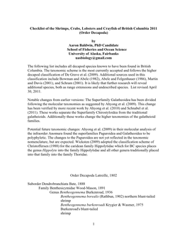 1 Checklist of the Shrimps, Crabs, Lobsters and Crayfish of British Columbia 2011 (Order Decapoda) by Aaron Baldwin, Phd Candida