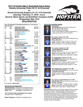 2017-18 Hofstra Men's Basketball Game Notes Hofstra University Pride